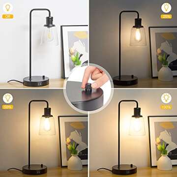 Industrial Table Lamp with 2 USB Ports, Fully Dimmable Vintage Nightstand Lamp, Tall Bedside Lamp Glass Shade, Desk Reading Lamp for Bedroom, Living Room, Office, 6W 2700K LED Edison Bulb Included