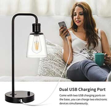 Industrial Table Lamp with 2 USB Ports, Fully Dimmable Vintage Nightstand Lamp, Tall Bedside Lamp Glass Shade, Desk Reading Lamp for Bedroom, Living Room, Office, 6W 2700K LED Edison Bulb Included