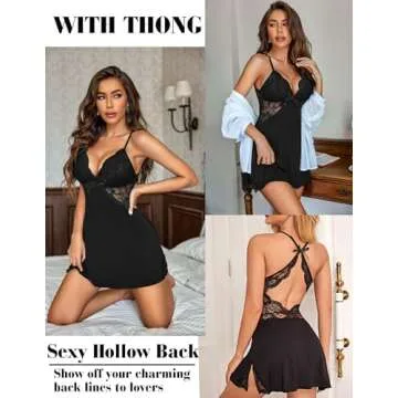 Avidlove Women Lingerie Lace Chemise Sleepwear Babydoll Black Nightgown Black Small
