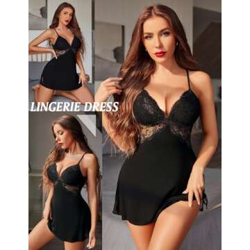 Avidlove Women Lingerie Lace Chemise Sleepwear Babydoll Black Nightgown Black Small