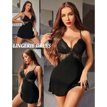 Avidlove Women Lingerie Lace Chemise Sleepwear Babydoll Black Nightgown Black Small