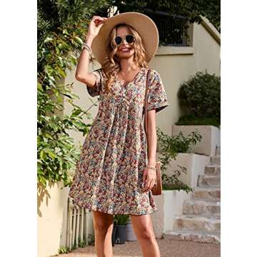 PRETTYGARDEN Summer Dress for Women 2024 Short Sleeve V Neck Ruffle Floral Swing A-Line Short Dresses(Orange,Medium)