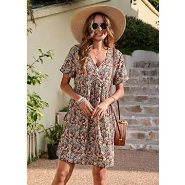 PRETTYGARDEN Summer Dress for Women 2024 Short Sleeve V Neck Ruffle Floral Swing A-Line Short Dresses(Orange,Medium)