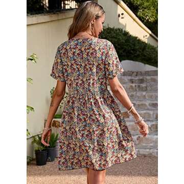 PRETTYGARDEN Summer Dress for Women 2024 Short Sleeve V Neck Ruffle Floral Swing A-Line Short Dresses(Orange,Medium)