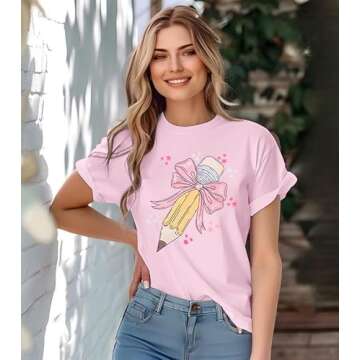 Teacher Shirts Women Bow Pencil Graphic Tee Back to School Teaching Life Shirt Teacher Appreciation Gifts Tops Pink