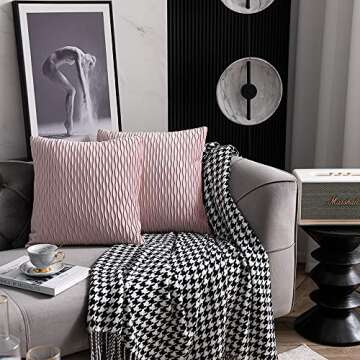DEZENE 20x20 Pink Throw Pillow Covers: 2 Pack Original Striped Velvet Square Decorative Pillow Cases...