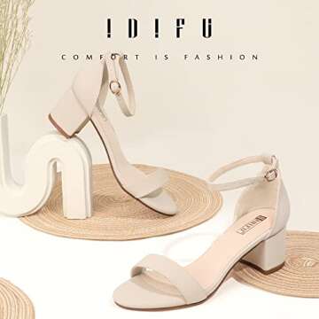 IDIFU Women's Cookie-LO Low Block Heels Chunky Sandals Ankle Strap Wedding Dress Pump Shoes(Nude Nubuck, 8)