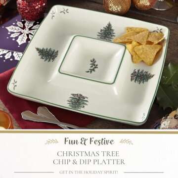 Spode Christmas Tree 12 Inch Square Porcelain Chip and Dip - Porcelain Serving Platter for Cheese, A...