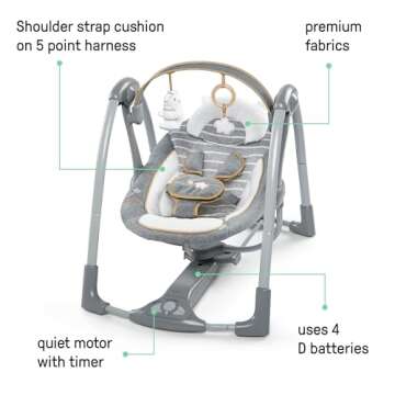 Ingenuity Swing 'n Go Deluxe 5-Speed Baby Swing with Cushioned Harness - Foldable, Portable, 2 Plush...