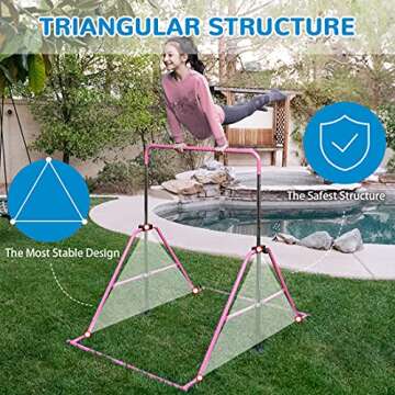 Zupapa Gymnastic Bar for Kids, Gym Training bar for Home, Folding Adjustable Height Expandable Kip Bar, Junior Balance Beam Horizontal Bars Indoor Outdoor, Pink