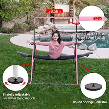 Zupapa Gymnastic Bar for Kids, Gym Training bar for Home, Folding Adjustable Height Expandable Kip Bar, Junior Balance Beam Horizontal Bars Indoor Outdoor, Pink