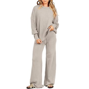 ANRABESS Women 2 Piece Sweatsuit Cozy Oversized Knit Sweater Wide-Leg Pants Set for 2024 Fall Fashio...