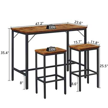 SUPERJARE Bar Table Set, Bar Table and Chairs Set, 3-Piece Dining Table Set, Bar Height Counter with 2 Stools, Industrial Breakfast Table Set for Kitchen, Living Room - Rustic Brown