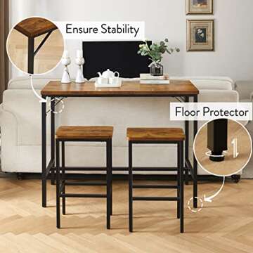 SUPERJARE Bar Table Set, Bar Table and Chairs Set, 3-Piece Dining Table Set, Bar Height Counter with 2 Stools, Industrial Breakfast Table Set for Kitchen, Living Room - Rustic Brown