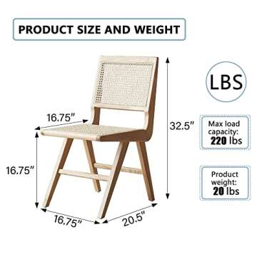 Way2Furn Rattan Chair Set of 2, Cane Dining Chair, Mid Century Modern Chair for Living Room, Kitchen, Dining Room, Yard, Study Room, Teahouse, Hotel, B&B (Natural Color)