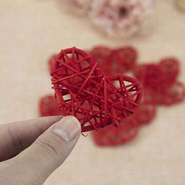 Natural Wicker Rattan Heart Shaped Balls DIY Craft Vase Filler Hanging Balls Ornaments for Wedding Baby Shower Birthday Valentine's Day Party Decorative (2.36 in, 12 Pcs) (Red)