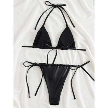 SOLY HUX Women's Metallic Halter Top Two Piece Swimsuit Tie Side Triangle Thong Bikini Bathing Swimwear Black Leather XS