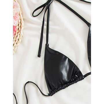 SOLY HUX Women's Metallic Halter Top Two Piece Swimsuit Tie Side Triangle Thong Bikini Bathing Swimwear Black Leather XS