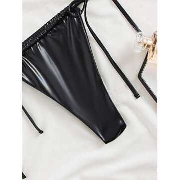 SOLY HUX Women's Metallic Halter Top Two Piece Swimsuit Tie Side Triangle Thong Bikini Bathing Swimwear Black Leather XS