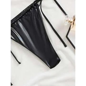 SOLY HUX Women's Metallic Halter Top Two Piece Swimsuit Tie Side Triangle Thong Bikini Bathing Swimwear Black Leather XS