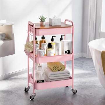 TOOLF 3 Tier Rolling Cart, Metal Utility Cart with Wheels & Wooden Top, Pink Organizer Cart, Rolling...