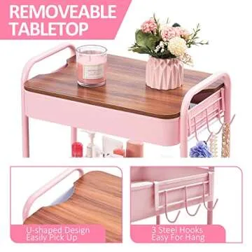 TOOLF 3 Tier Rolling Cart, Metal Utility Cart with Wheels & Wooden Top, Pink Organizer Cart, Rolling Craft Storage Cart, Serving Trolley Cart for Kitchen, Office, Bathroom, Kids' Room, Bedside, Pink