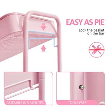 TOOLF 3 Tier Rolling Cart, Metal Utility Cart with Wheels & Wooden Top, Pink Organizer Cart, Rolling Craft Storage Cart, Serving Trolley Cart for Kitchen, Office, Bathroom, Kids' Room, Bedside, Pink