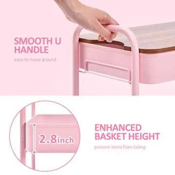 TOOLF 3 Tier Rolling Cart, Metal Utility Cart with Wheels & Wooden Top, Pink Organizer Cart, Rolling Craft Storage Cart, Serving Trolley Cart for Kitchen, Office, Bathroom, Kids' Room, Bedside, Pink
