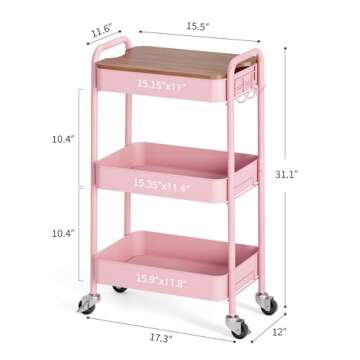 TOOLF 3 Tier Rolling Cart, Metal Utility Cart with Wheels & Wooden Top, Pink Organizer Cart, Rolling Craft Storage Cart, Serving Trolley Cart for Kitchen, Office, Bathroom, Kids' Room, Bedside, Pink