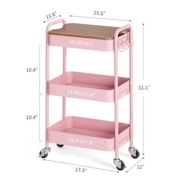 TOOLF 3 Tier Rolling Cart, Metal Utility Cart with Wheels & Wooden Top, Pink Organizer Cart, Rolling Craft Storage Cart, Serving Trolley Cart for Kitchen, Office, Bathroom, Kids' Room, Bedside, Pink
