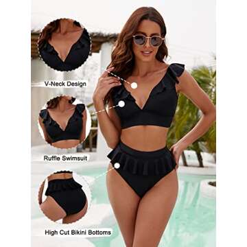 Blooming Jelly Womens High Waisted Bikini Sets Ruffle Swimsuits Two Piece High Cut Bikini High Leg V Neck Bathing Suits (Large, Black)