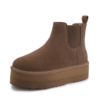 Athlefit Women's Classic Chelsea Platform Mini Boots Winter Warm Fur Lined Anti-Slip Short Ankle Sno...