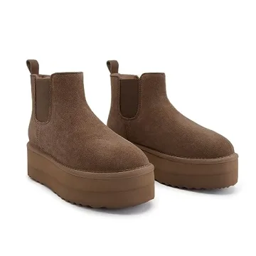 Athlefit Women's Classic Chelsea Platform Mini Boots Winter Warm Fur Lined Anti-Slip Short Ankle Snow Taupe Boots Size 8