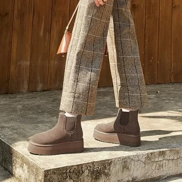 Athlefit Women's Classic Chelsea Platform Mini Boots Winter Warm Fur Lined Anti-Slip Short Ankle Snow Taupe Boots Size 8