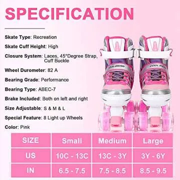 Sowume Adjustable Kids Roller Skates for Girls and Women, All 8 Wheels of Girl's Skates Shine, Safe and Fun Illuminating for Beginner