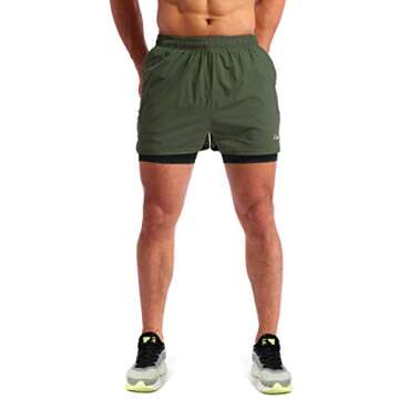 Pudolla Men’s 2 in 1 Running Shorts 5" Quick Dry Gym Athletic Workout Shorts for Men with Phone Pockets(Dark Green Large)