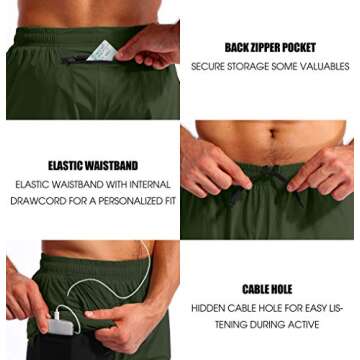 Pudolla Men’s 2 in 1 Running Shorts 5" Quick Dry Gym Athletic Workout Shorts for Men with Phone Pockets(Dark Green Large)