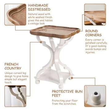 COZAYH Set of 2 Rustic Farmhouse Cottagecore Accent End Table, Natural Tray Top Side Table Nightstand for Family, Dinning or Living Room, Handcrafted Finish, Modern, White