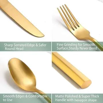 DEACORY Silverware Set Flatware Set Matte Gold Cutlery Set Brushed Brass Heavy Hexagon Handle Stainless Steel 40 Pieces Dishwasher Safe Service for 8