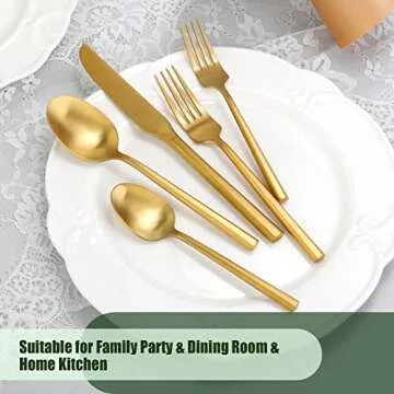 DEACORY Silverware Set Flatware Set Matte Gold Cutlery Set Brushed Brass Heavy Hexagon Handle Stainless Steel 40 Pieces Dishwasher Safe Service for 8