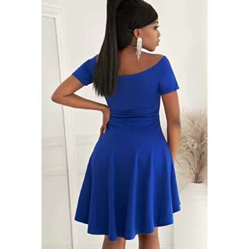 Sidefeel Women Off Shoulder Short Sleeve High Low Skater Dress Medium Blue