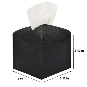 Fixwal Tissue Box Cover Holder, 5.12 x 5.12 x 5.12 Inches Decorative Organizer PU Leather Square Tissue Box, Waterproof Kleenex Box Covers, Tissue Box Cover for Car, Bathroom, Office and Home (Black)