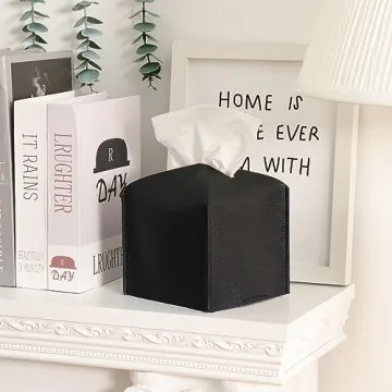 Fixwal Tissue Box Cover Holder, 5.12 x 5.12 x 5.12 Inches Decorative Organizer PU Leather Square Tissue Box, Waterproof Kleenex Box Covers, Tissue Box Cover for Car, Bathroom, Office and Home (Black)