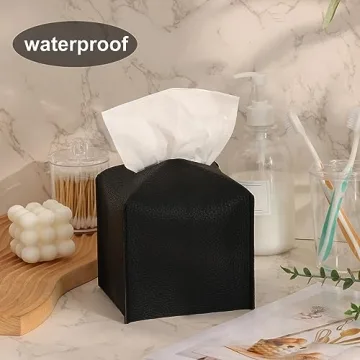 Fixwal Tissue Box Cover Holder, 5.12 x 5.12 x 5.12 Inches Decorative Organizer PU Leather Square Tissue Box, Waterproof Kleenex Box Covers, Tissue Box Cover for Car, Bathroom, Office and Home (Black)