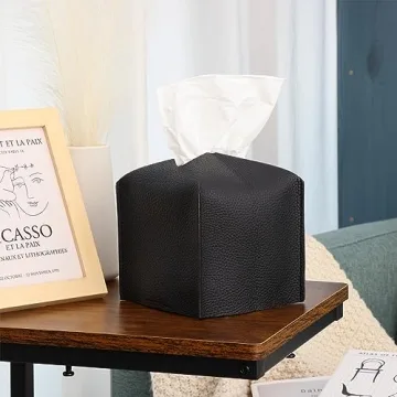 Fixwal Tissue Box Cover Holder, 5.12 x 5.12 x 5.12 Inches Decorative Organizer PU Leather Square Tissue Box, Waterproof Kleenex Box Covers, Tissue Box Cover for Car, Bathroom, Office and Home (Black)