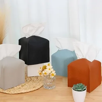 Fixwal Tissue Box Cover Holder, 5.12 x 5.12 x 5.12 Inches Decorative Organizer PU Leather Square Tissue Box, Waterproof Kleenex Box Covers, Tissue Box Cover for Car, Bathroom, Office and Home (Black)