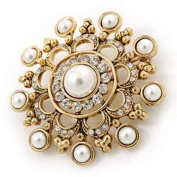 Vintage Inspired Crystal, Faux Pearl Filigree Round Brooch In Gold Tone - 47mm Diameter