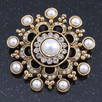 Elegant Vintage Inspired Crystal Faux Pearl Brooch