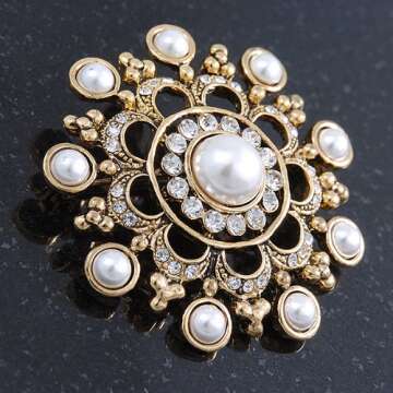 Elegant Vintage Inspired Crystal Faux Pearl Brooch