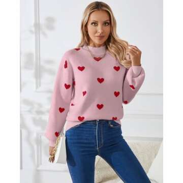 Alsol Lamesa Women's 2025 Fall Winter Mock Neck Long Sleeve Striped Color Block Cute Heart Ribbed Knit Pullover Sweaters